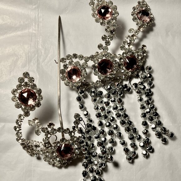 VINTAGE CHINESE OPERA DECORATIVE PINK/WHITE RHINESTONE HAIR ACCESSORY (大 頭 石)